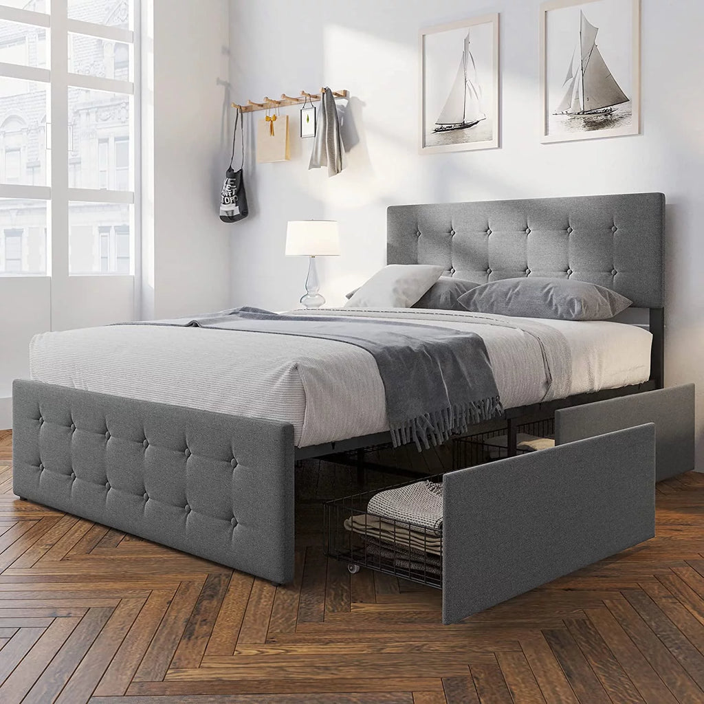 Upholstered Platform Bed Frame with Headboard and 4 Drawers P735827