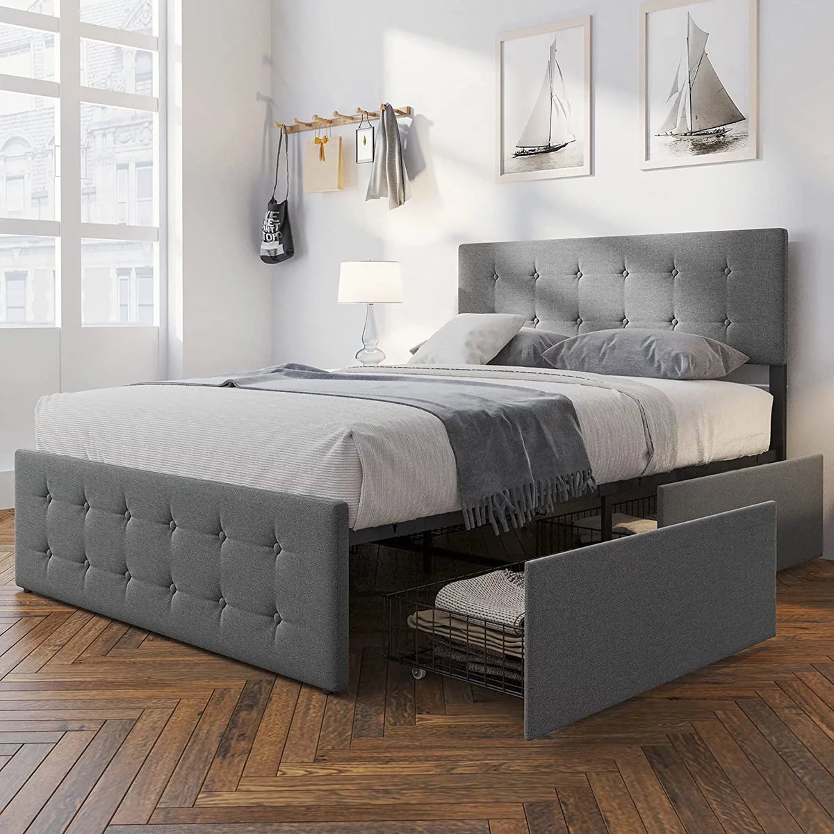 Upholstered Platform Bed Frame with Headboard and 4 Drawers P735827