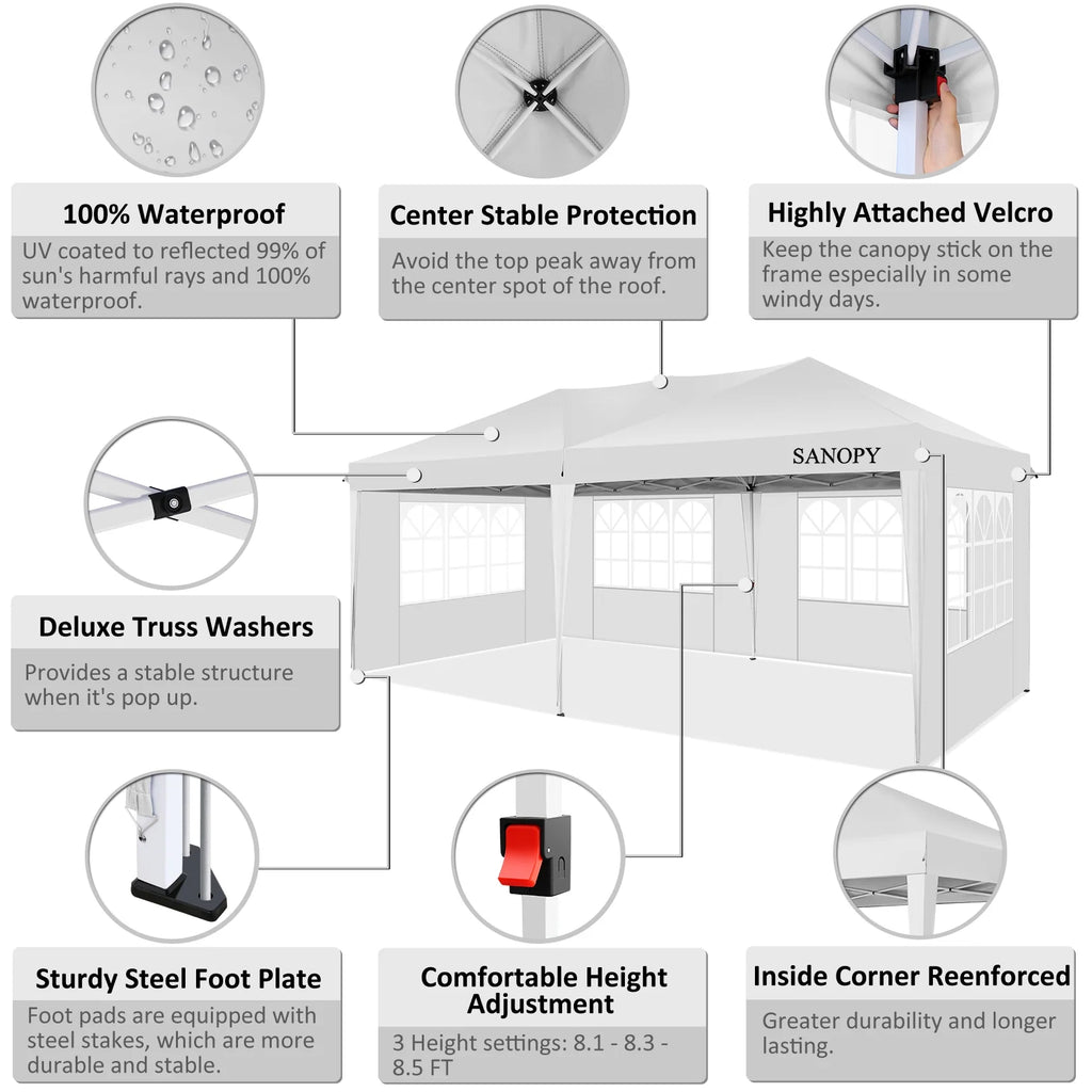 10' x 20' Pop Up Canopy Tent with 6 Removable Sidewalls and Carry Bag, White S636336