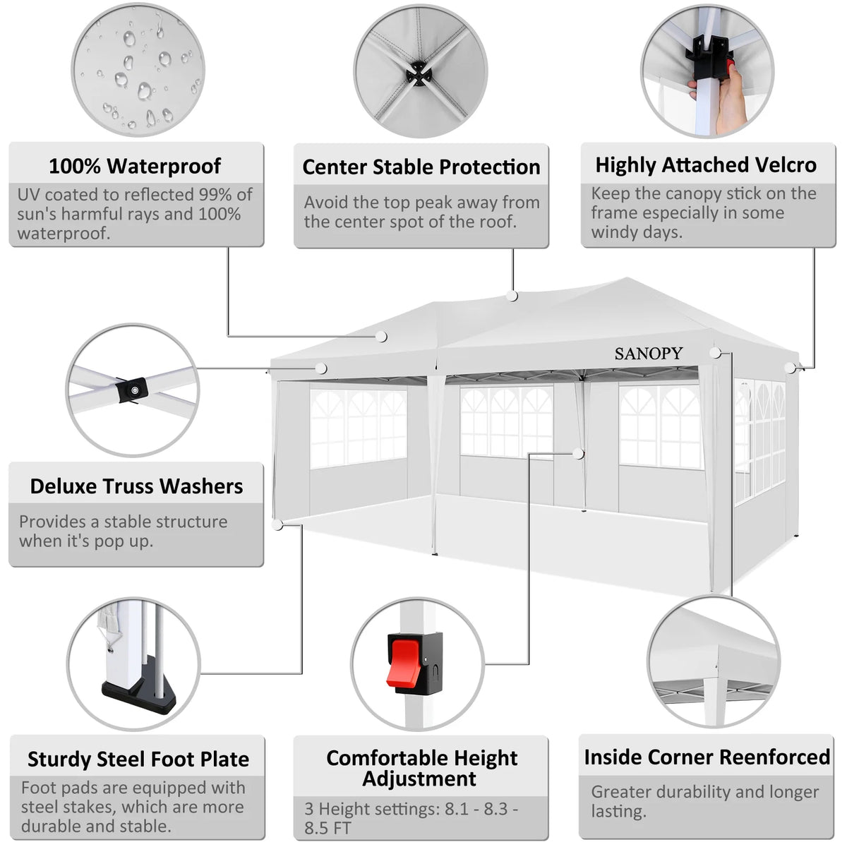 10' x 20' Pop Up Canopy Tent with 6 Removable Sidewalls and Carry Bag, White S636336