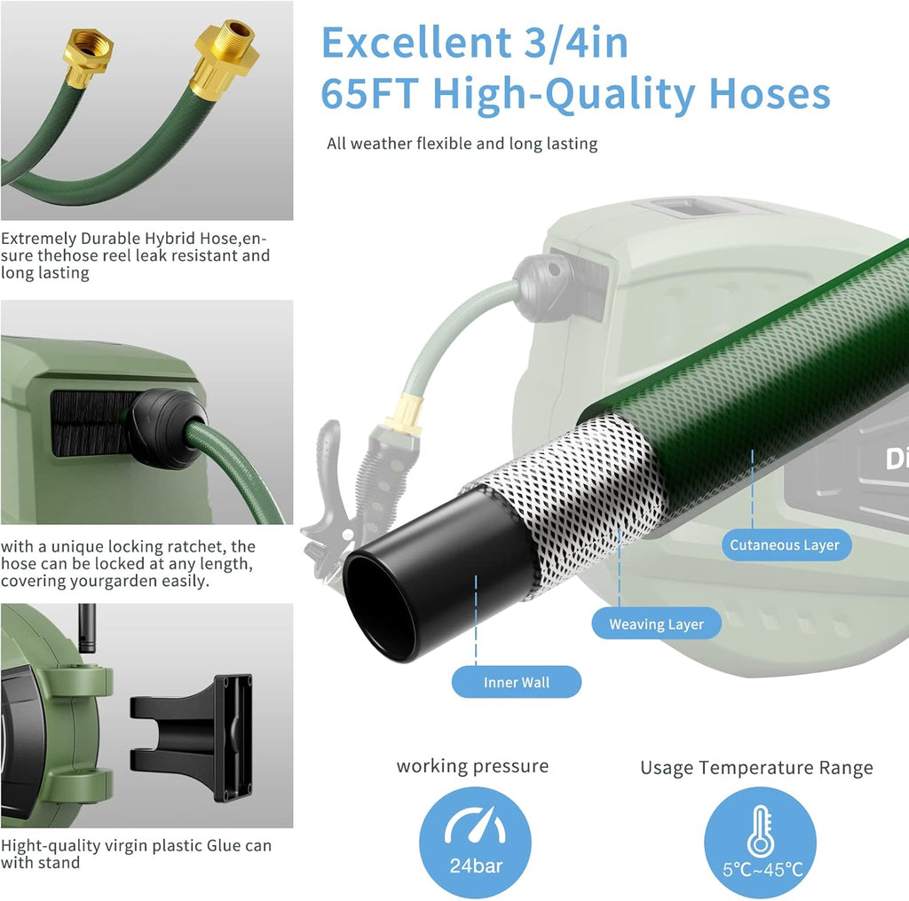 Retractable Garden Hose Reel 65 ft, Wall Mount, Automatic Rewind, 180° Swivel Bracket, 9 Pattern Hose Nozzle Q758