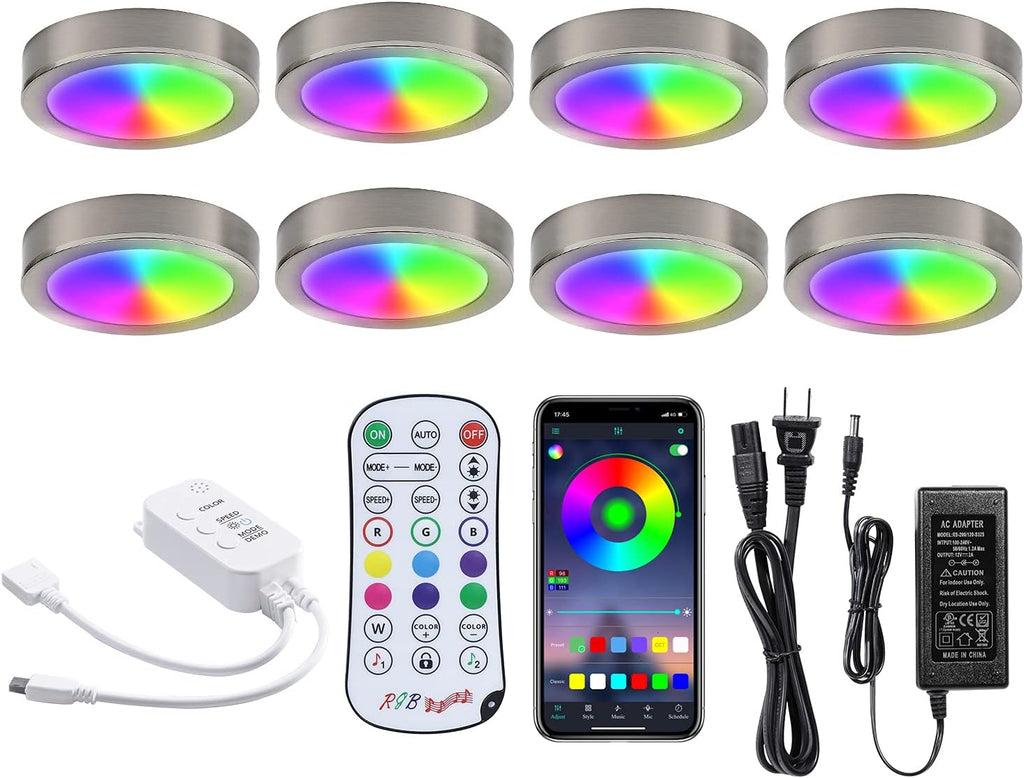 8 Pack LED Dimmable Under Cabinet RGB Puck Lights with Remote L205444