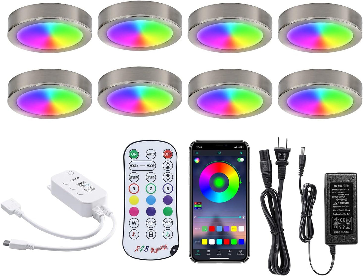 8 Pack LED Dimmable Under Cabinet RGB Puck Lights with Remote L205444