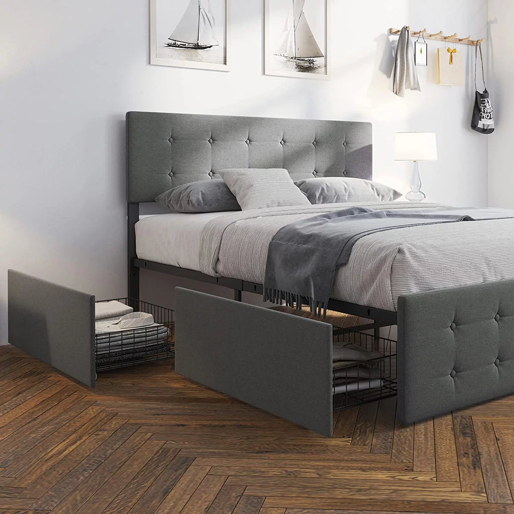 Upholstered Platform Bed Frame with Headboard and 4 Drawers P735827