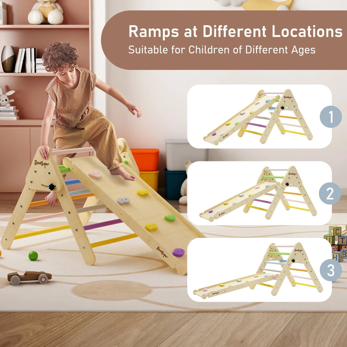 3 in 1 Wooden Climbing Triangle Ladder with Ramp & Arch B6857