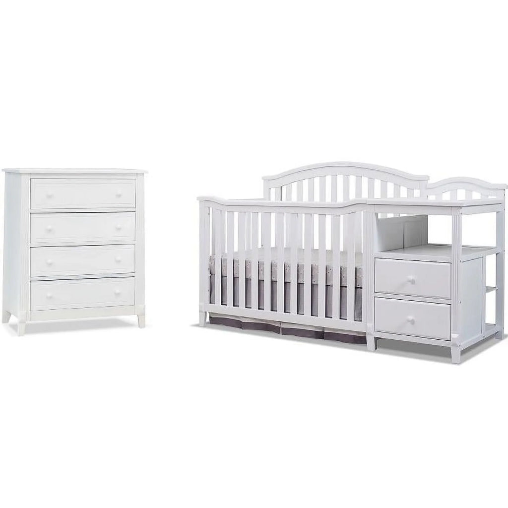 White Baby Crib with Changing Table and Dresser Chest 2 Piece Set Q94844