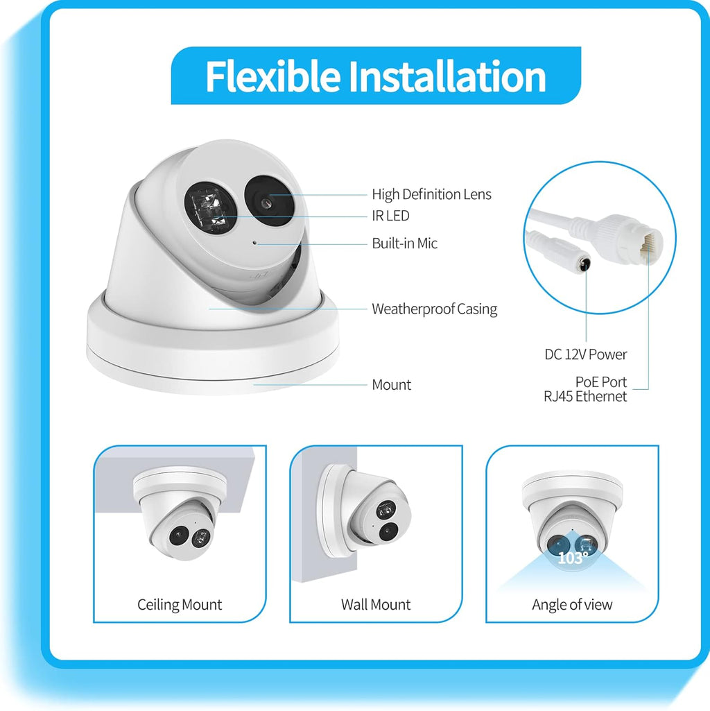 8MP 4K PoE Turret IP Camera with Built-in Mic H57990
