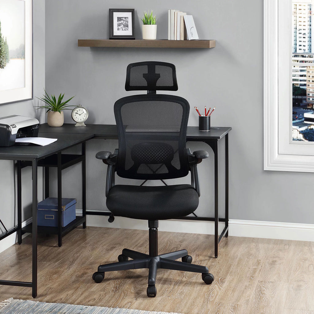 Black Fabric Ergonomic Office Chair with Adjustable Headrest L44605
