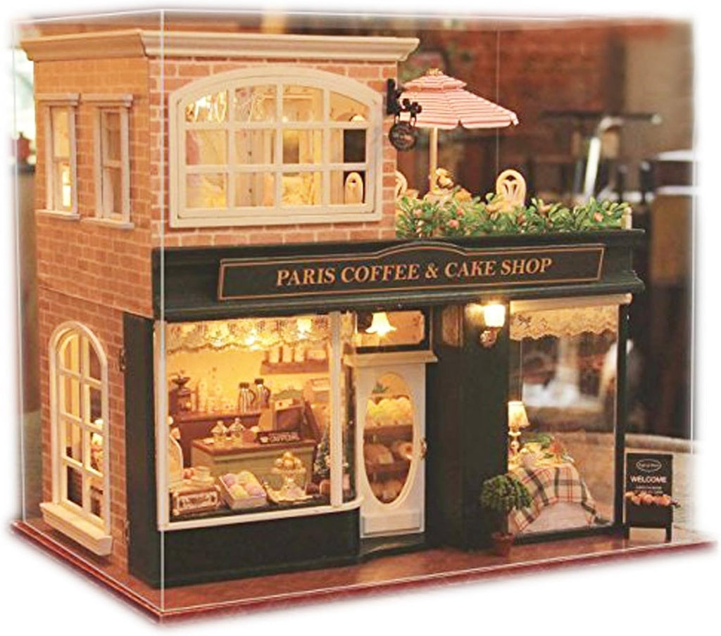 Paris Coffee & Cake Shop Wooden Dollhouse Miniatures DIY Kit with Led Light and Dust Cover M732350