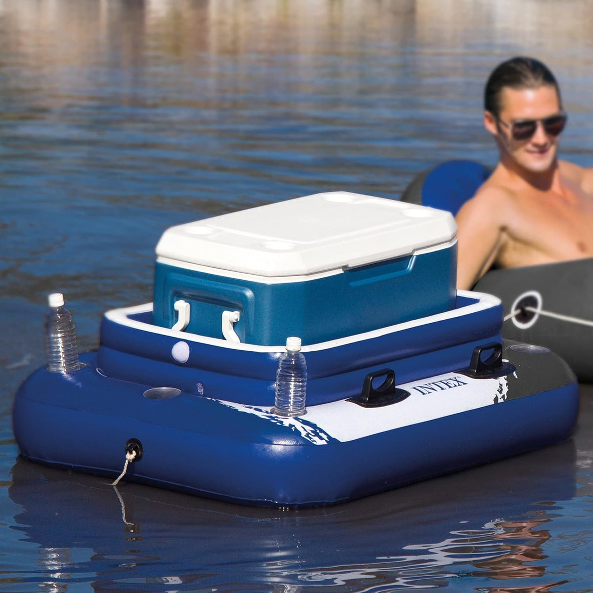 Blue 4 Person Vinyl Pool Raft Lounger with Cup Holders E891
