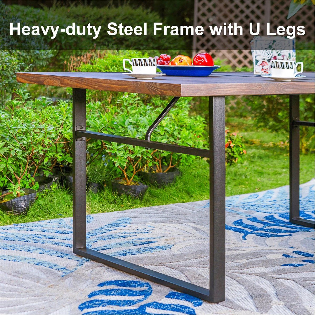 Rectangle Outdoor Dining Table Steel Frame Wood Grain Top 6 Person Black T70856