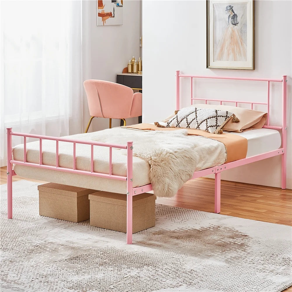 White Full Metal Platform Bed with Spindle Headboard and Footboard I4305