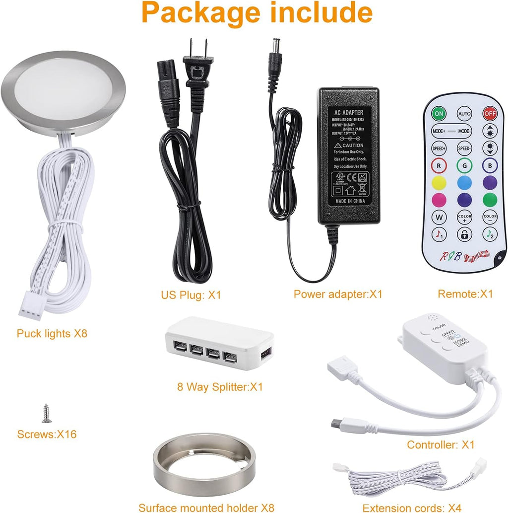 8 Pack LED Dimmable Under Cabinet RGB Puck Lights with Remote L205444