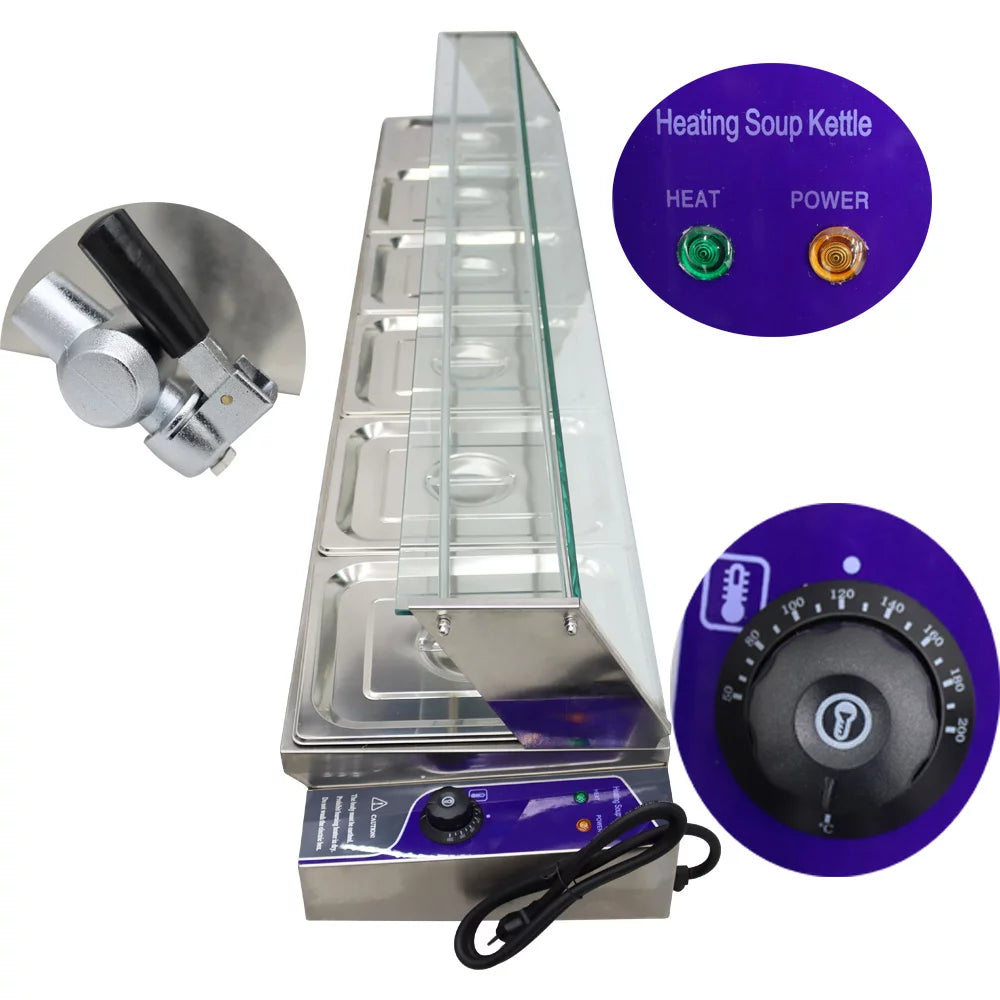 Electric Commercial Bain-marie Buffet Food Warmer Steam Table with Glass Guard 6-Pan B659
