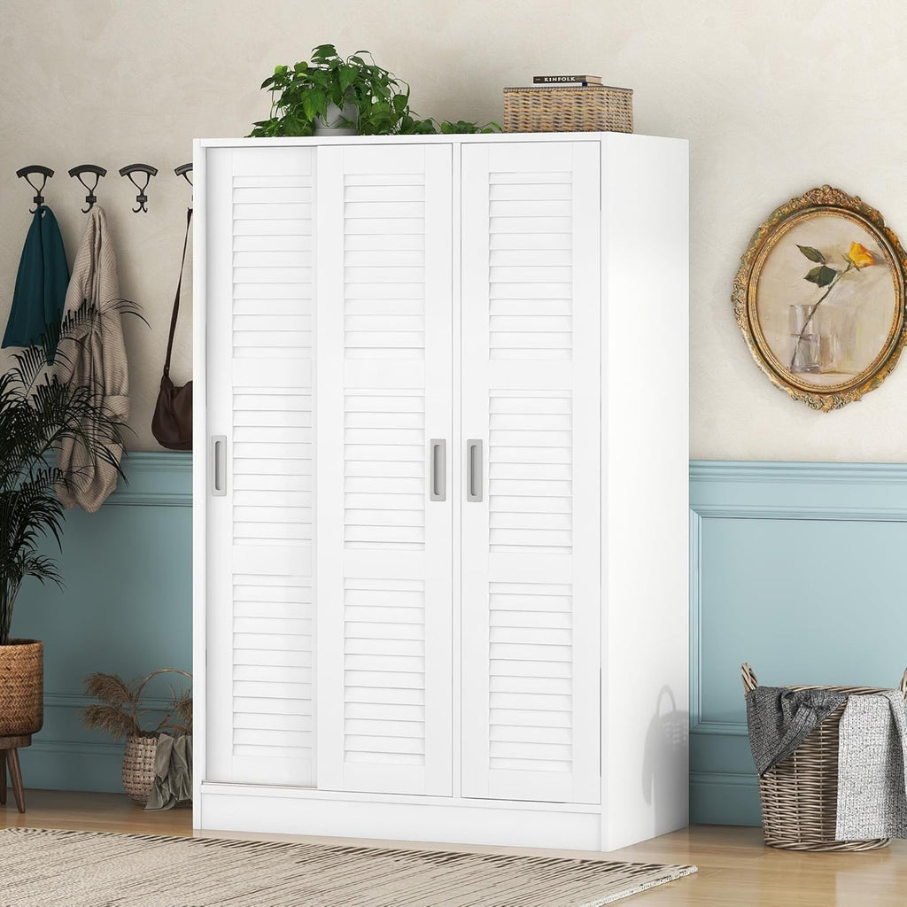 White 3 Doors Wood Wardrobe with Storage Shelves and Hanging Rail Q993