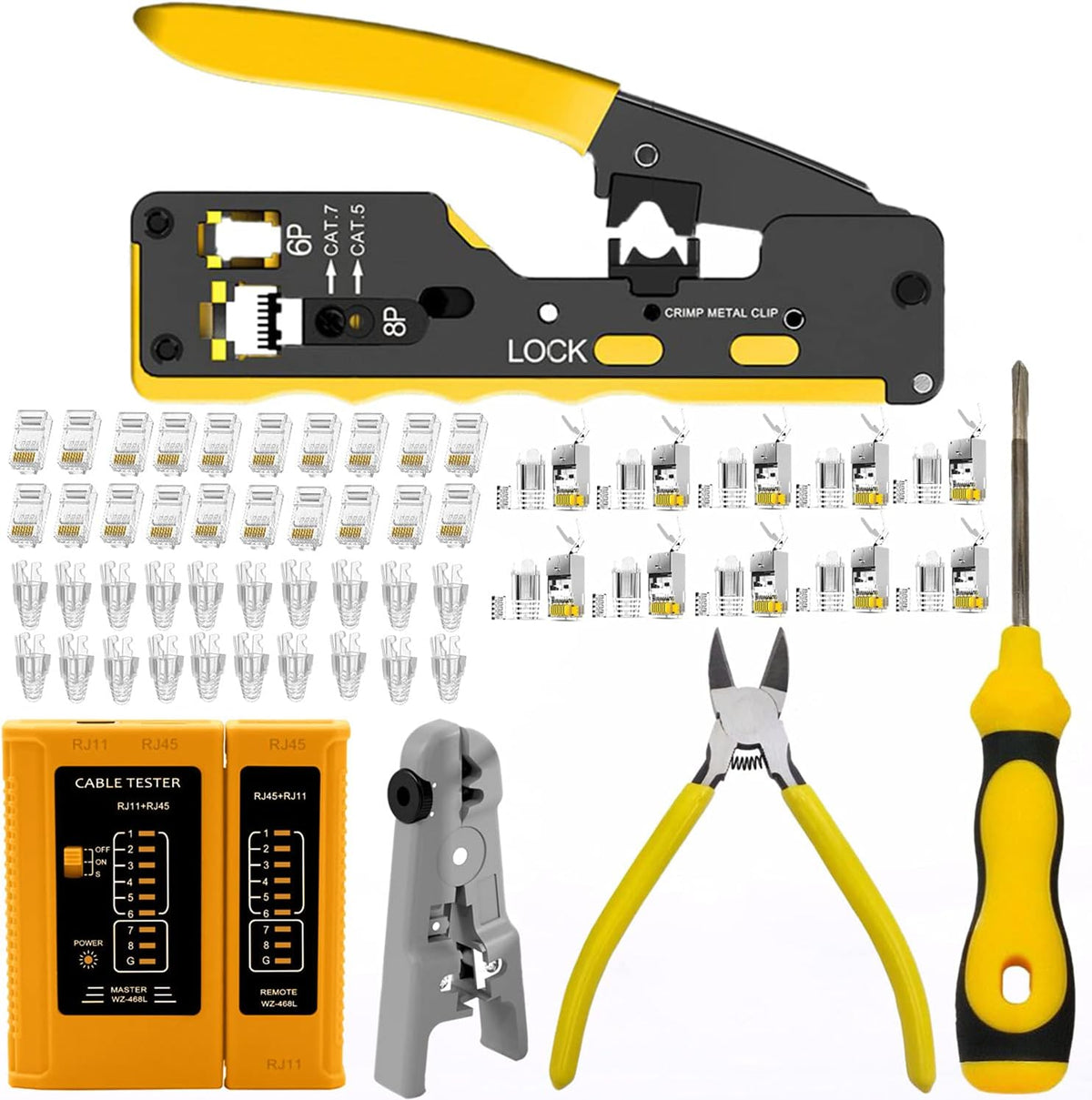 rj45 Crimp Tool Kit with Cat7 Shielded Connectors and Network Tester K36674