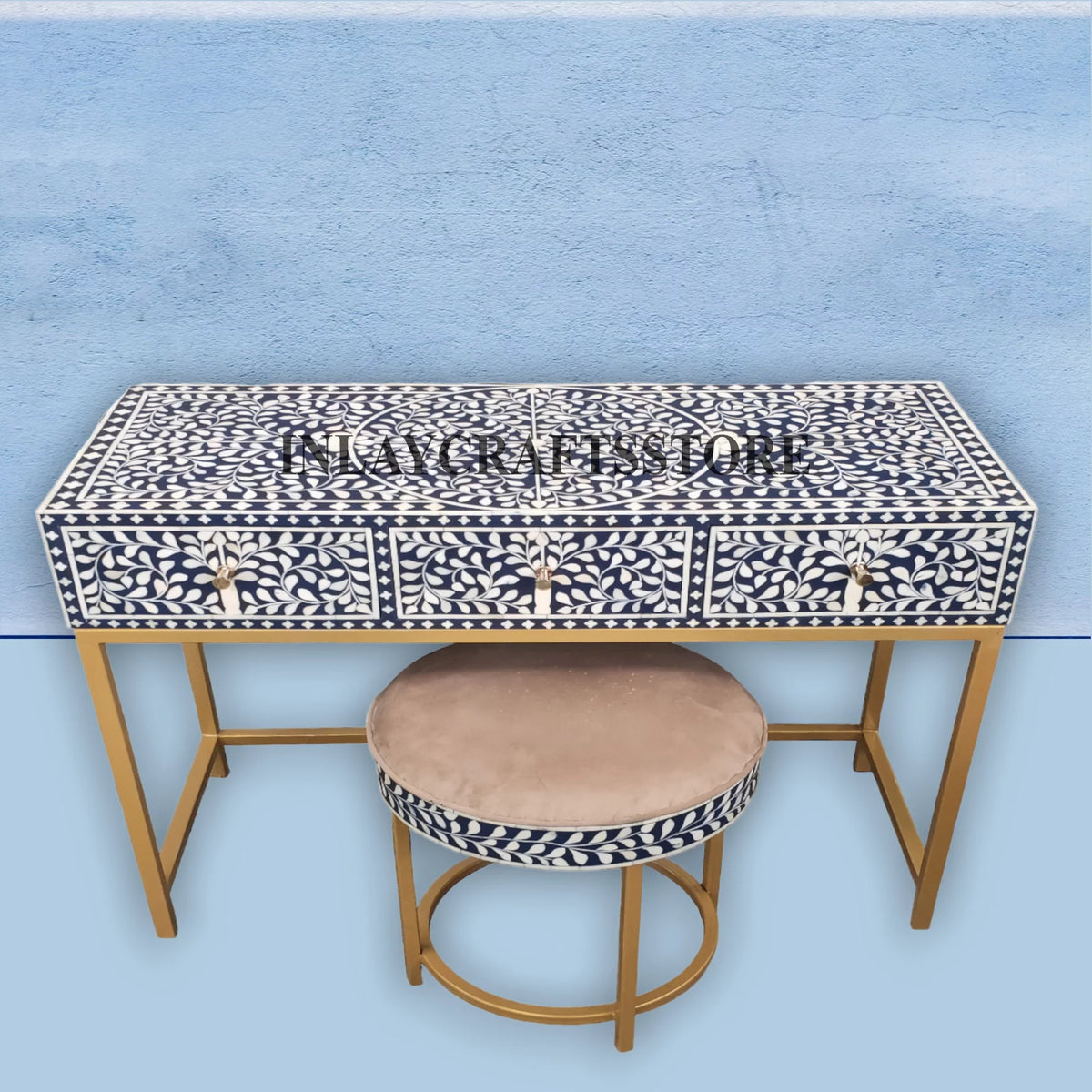 Bone Inlay 3 Drawers Console and Stool Indigo Blue P184