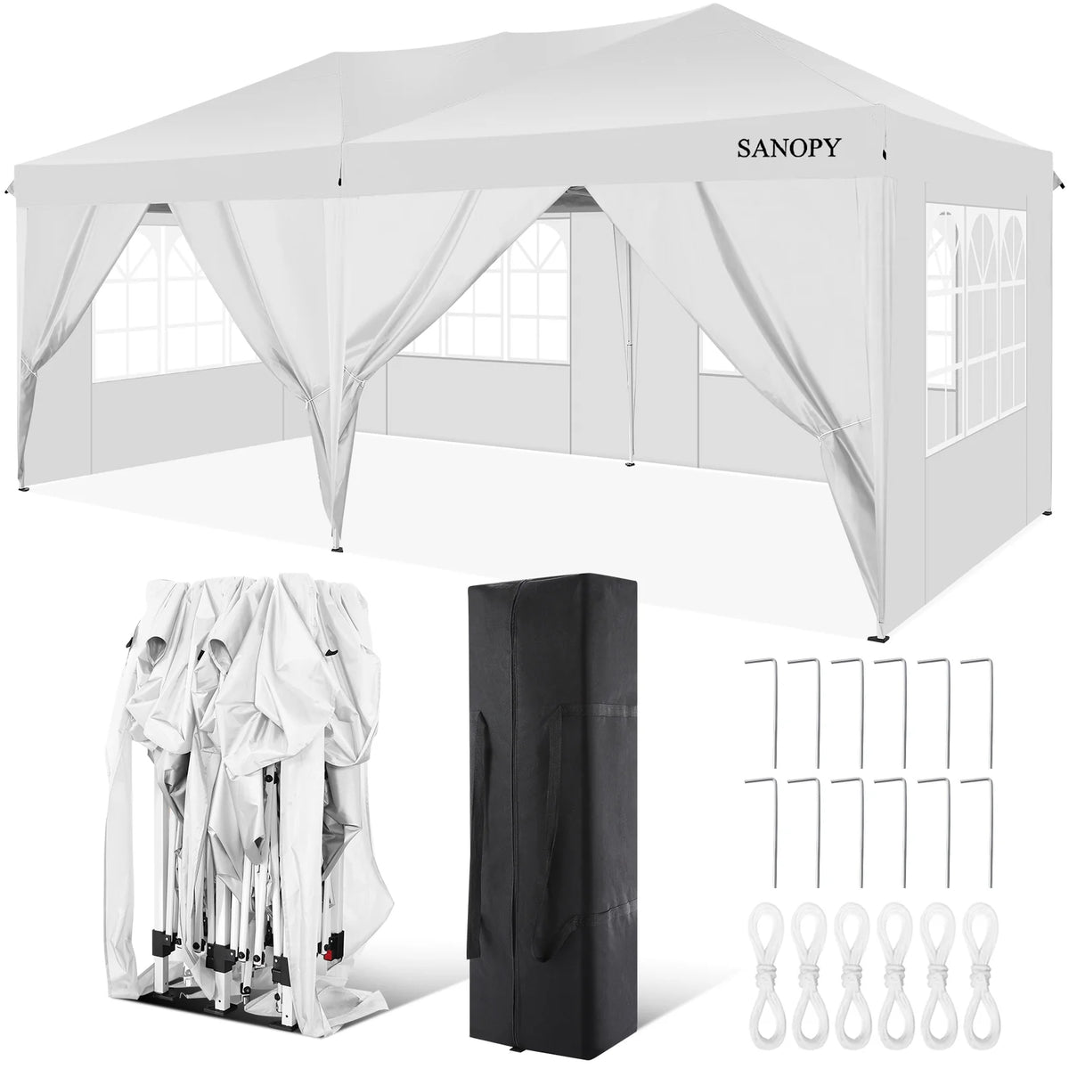 10' x 20' Pop Up Canopy Tent with 6 Removable Sidewalls and Carry Bag, White S636336