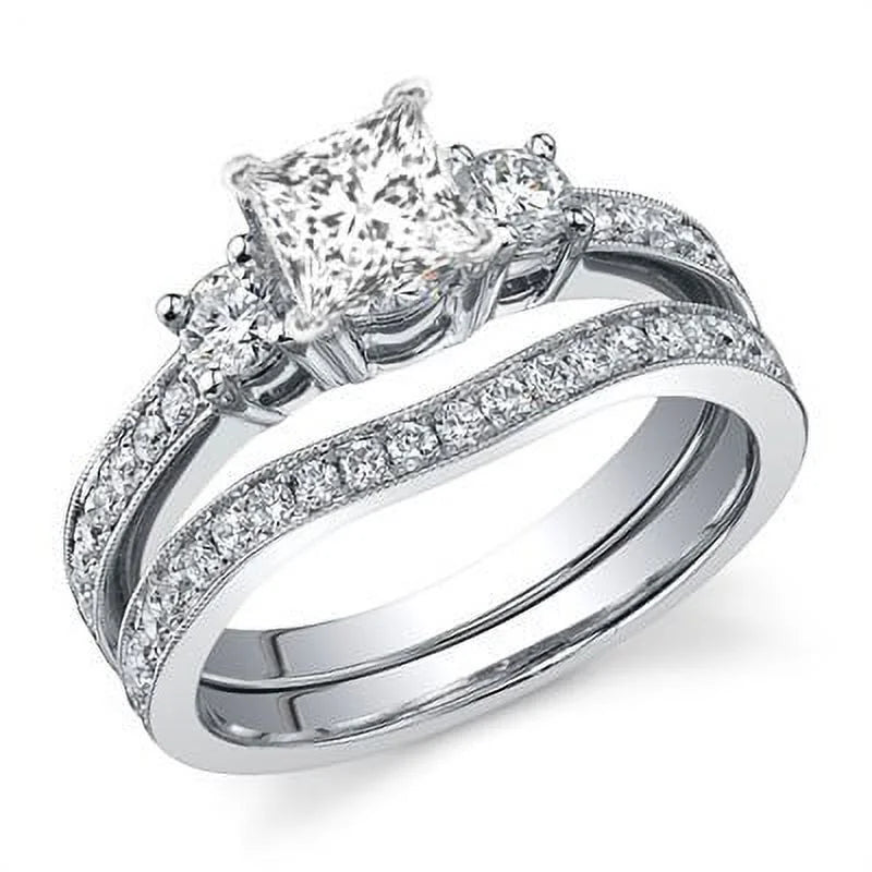 Three Stone Diamond Bridal Set 1 Carat Princess Cut Diamond 10k Gold E710327