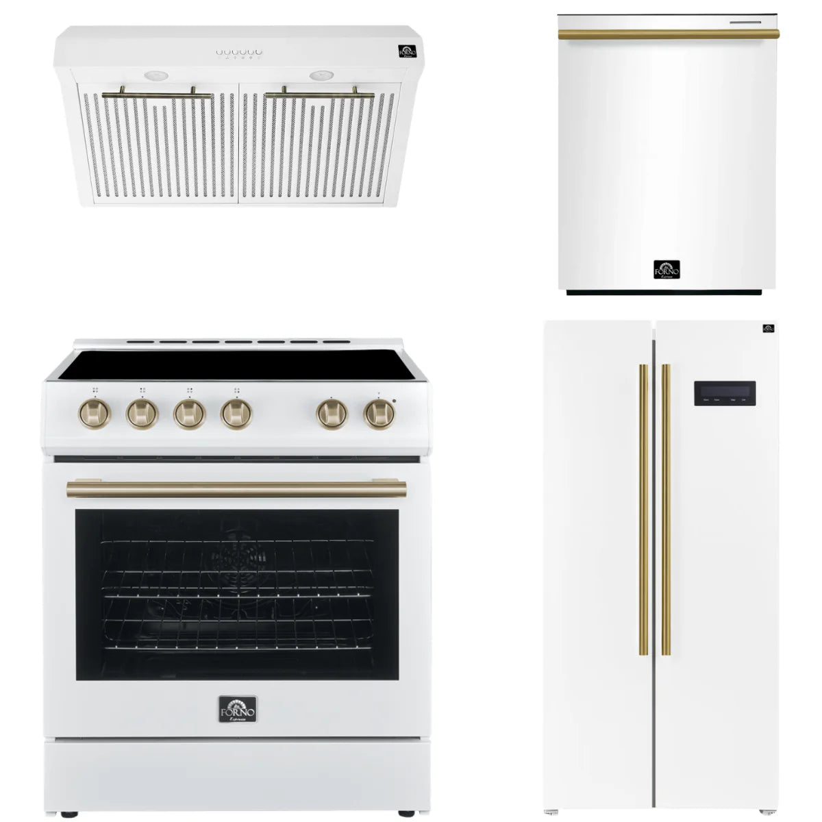 30 Electric Range, Range Hood, Refrigerator and Dishwasher in White I6367