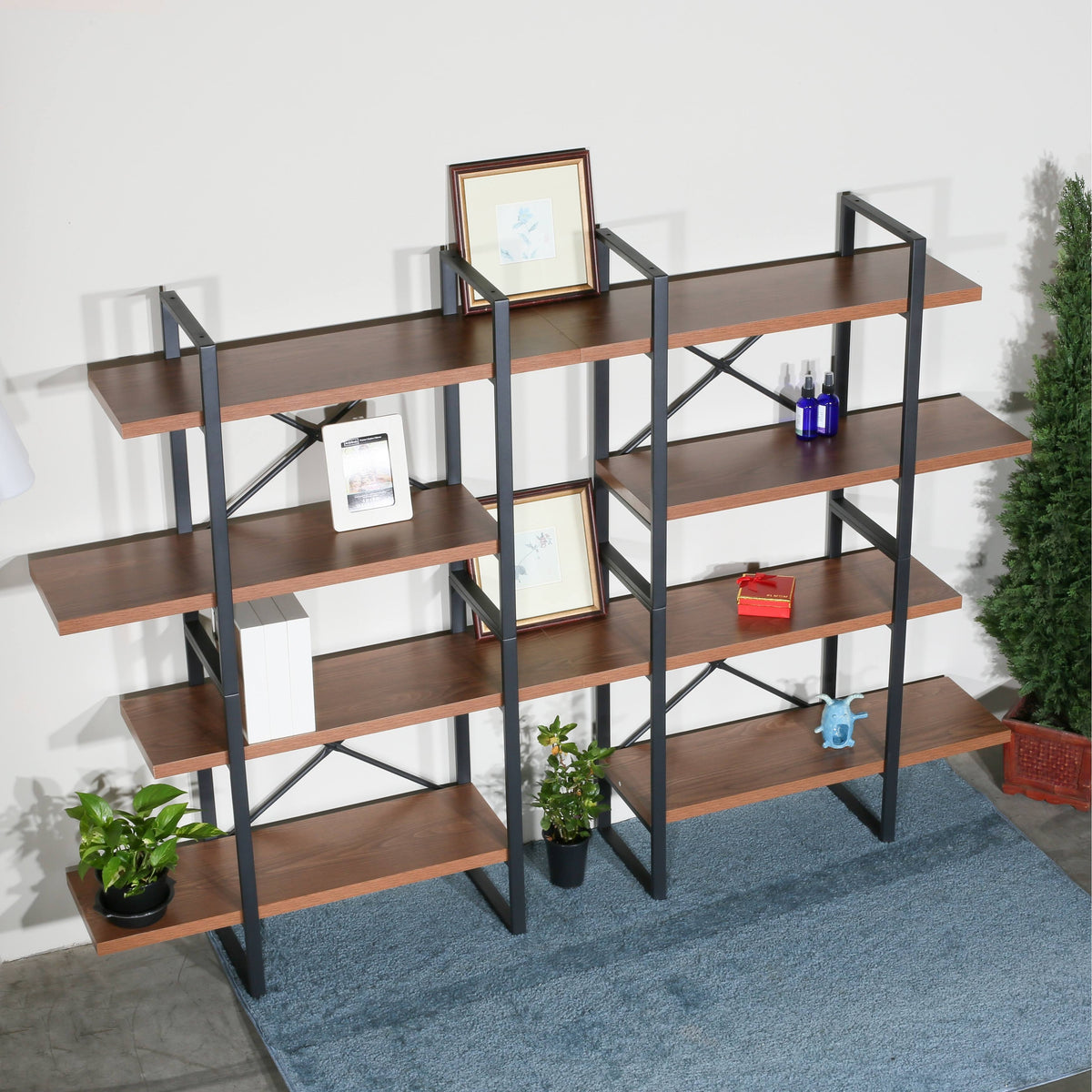Large Double Bookcases with 8 Walnut Wood Shelves C511787