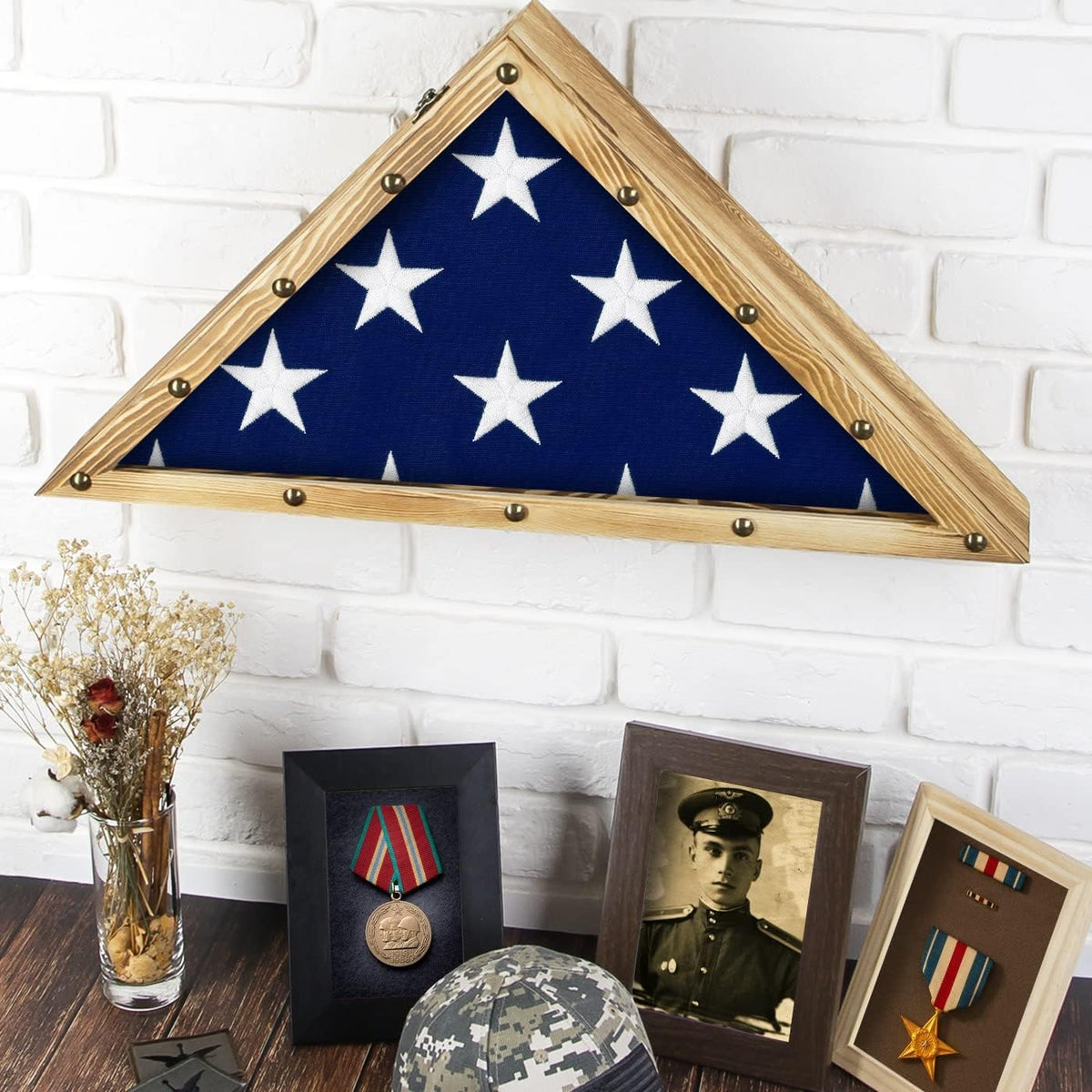 Rustic Wood Flag Display Case Triangle Shadow Box Y7694