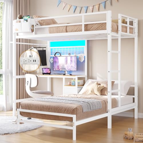 White Twin Over Twin Metal Bunk Bed with Desk and Led Lights N59855