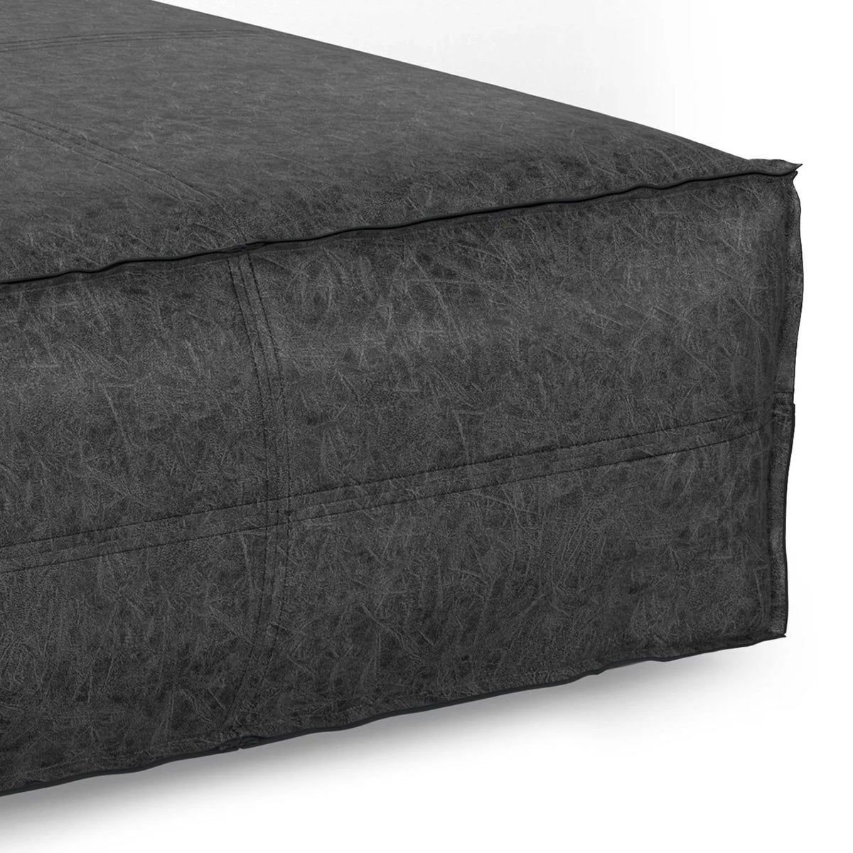 Distressed Black Vegan Faux Leather Pouf J909687