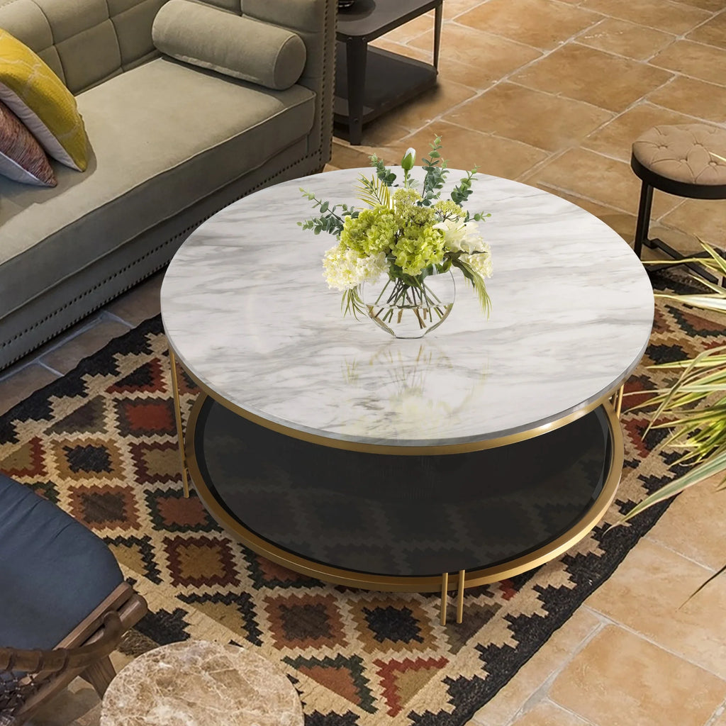 36" Round Faux Marble Coffee Table with Storage Shelf E793