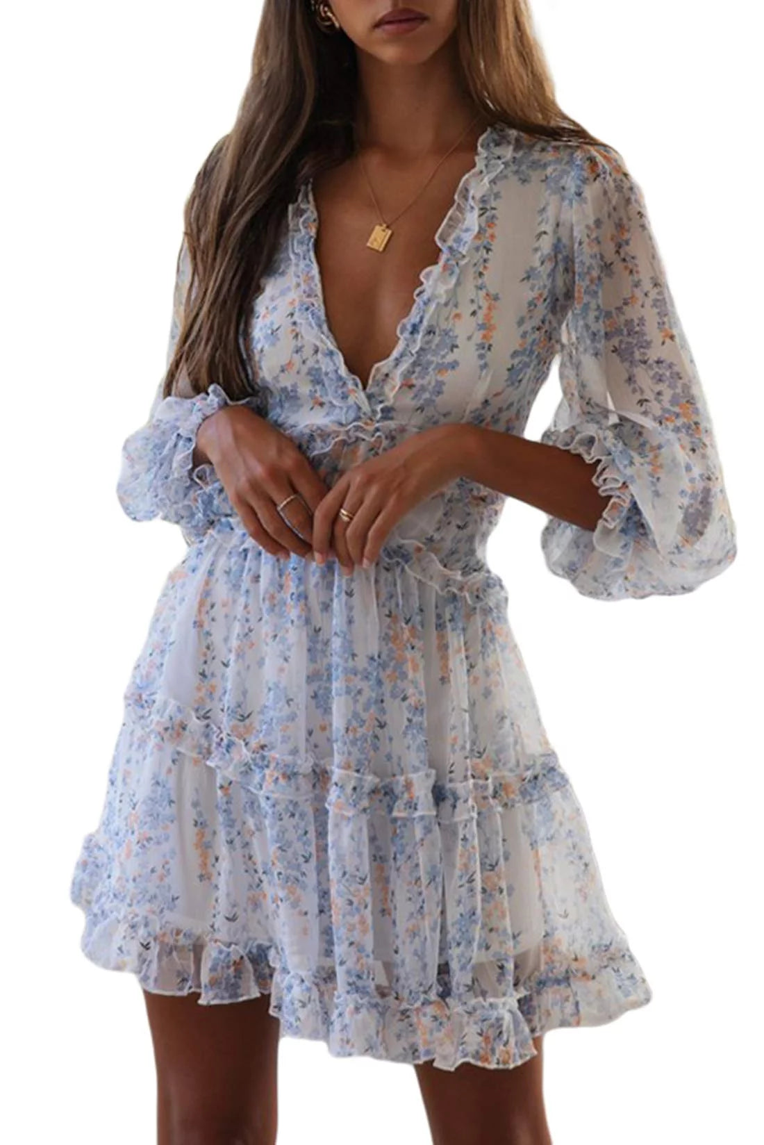 Floral Print Long Sleeve Backless Mini Dress C524