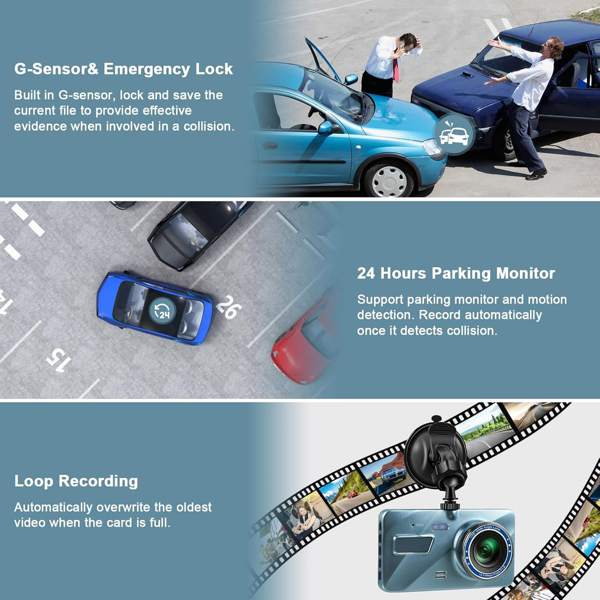 720P HD Dual Dash Cam with Night Vision and 4 inch LCD Display L14739