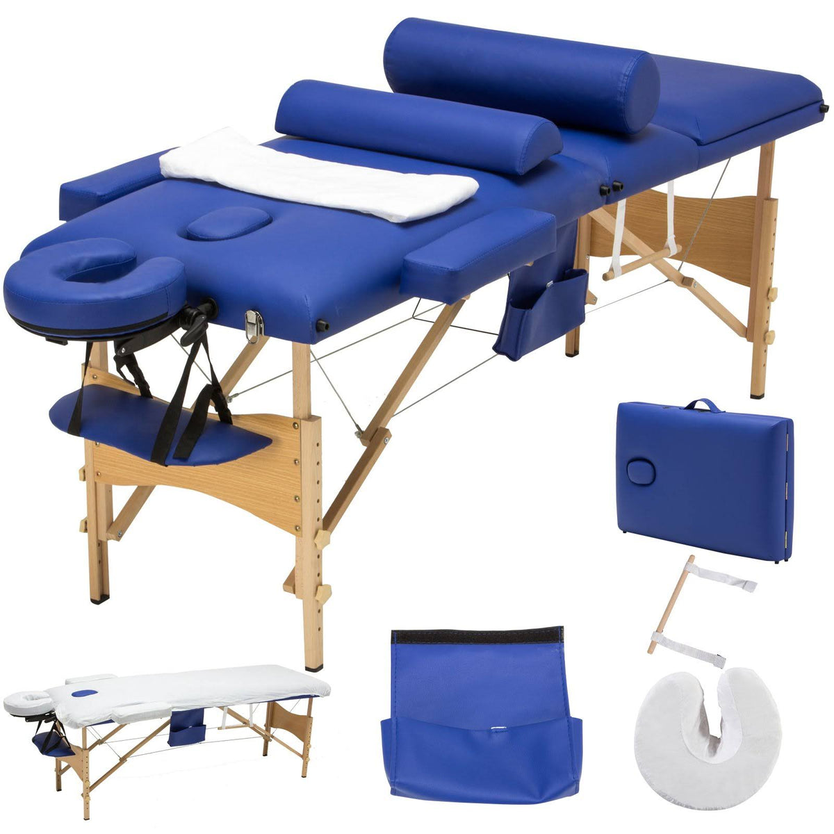 84 inch 3 Fold Blue Massage Spa Bed Table with 2 Bolsters M1001