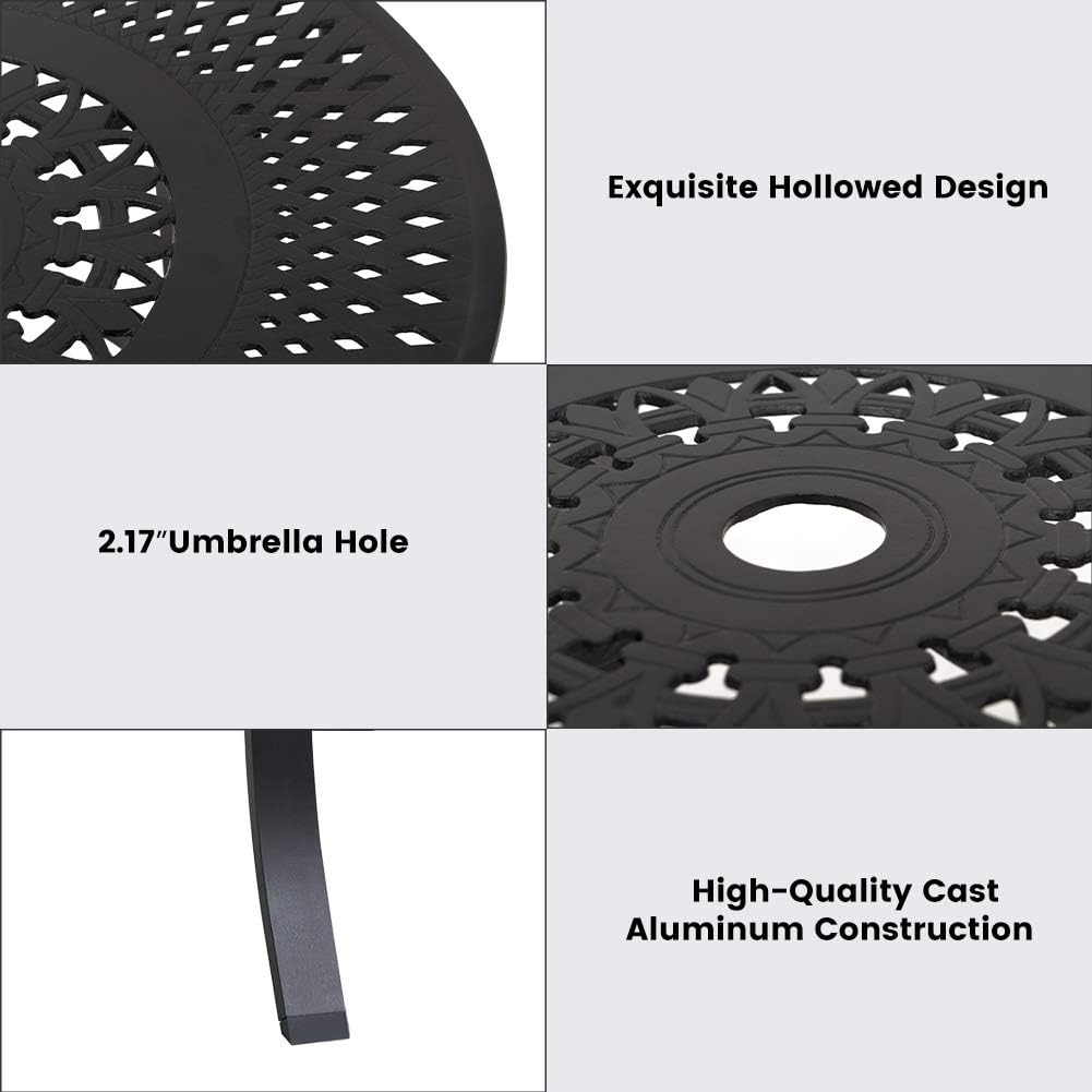 Cast Aluminum Round Side Table with Umbrella Hole, Black W717398