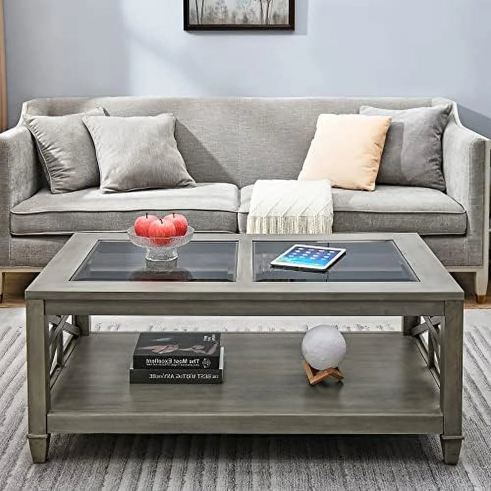 Rustic Solid Wood Glass Top Coffee Table 45.5"x26"x19" A602