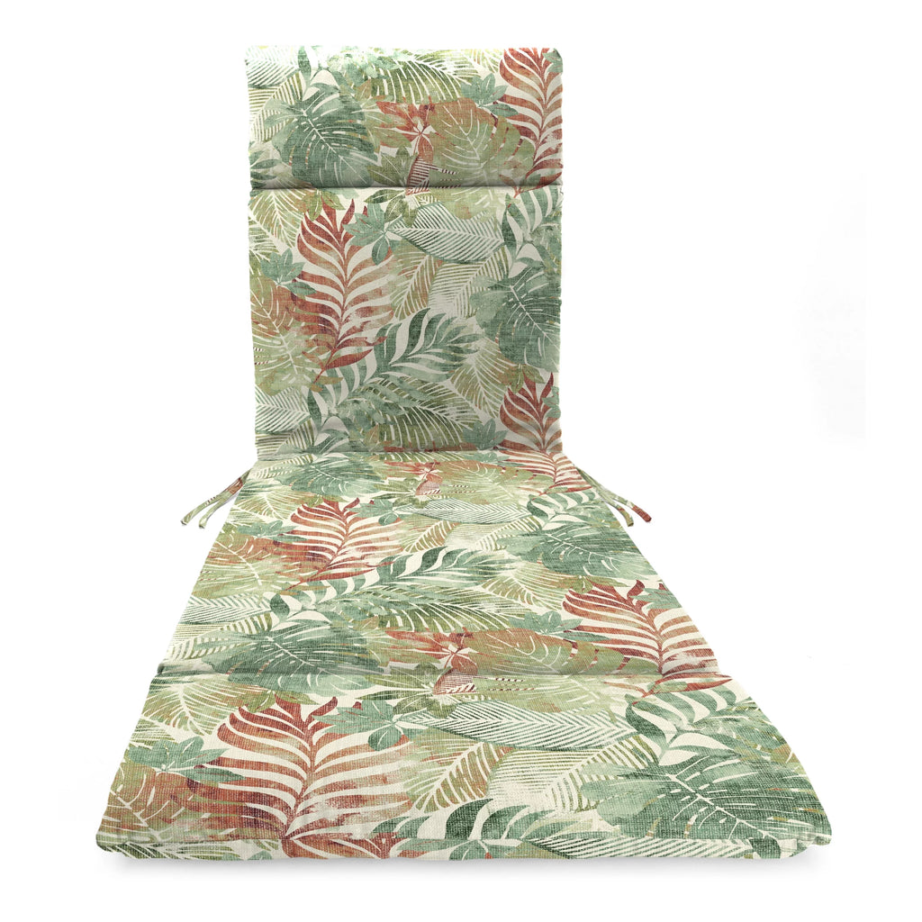 Almond Green Leaves Rectangular Outdoor Chaise Lounge Cushion with Ties V8420