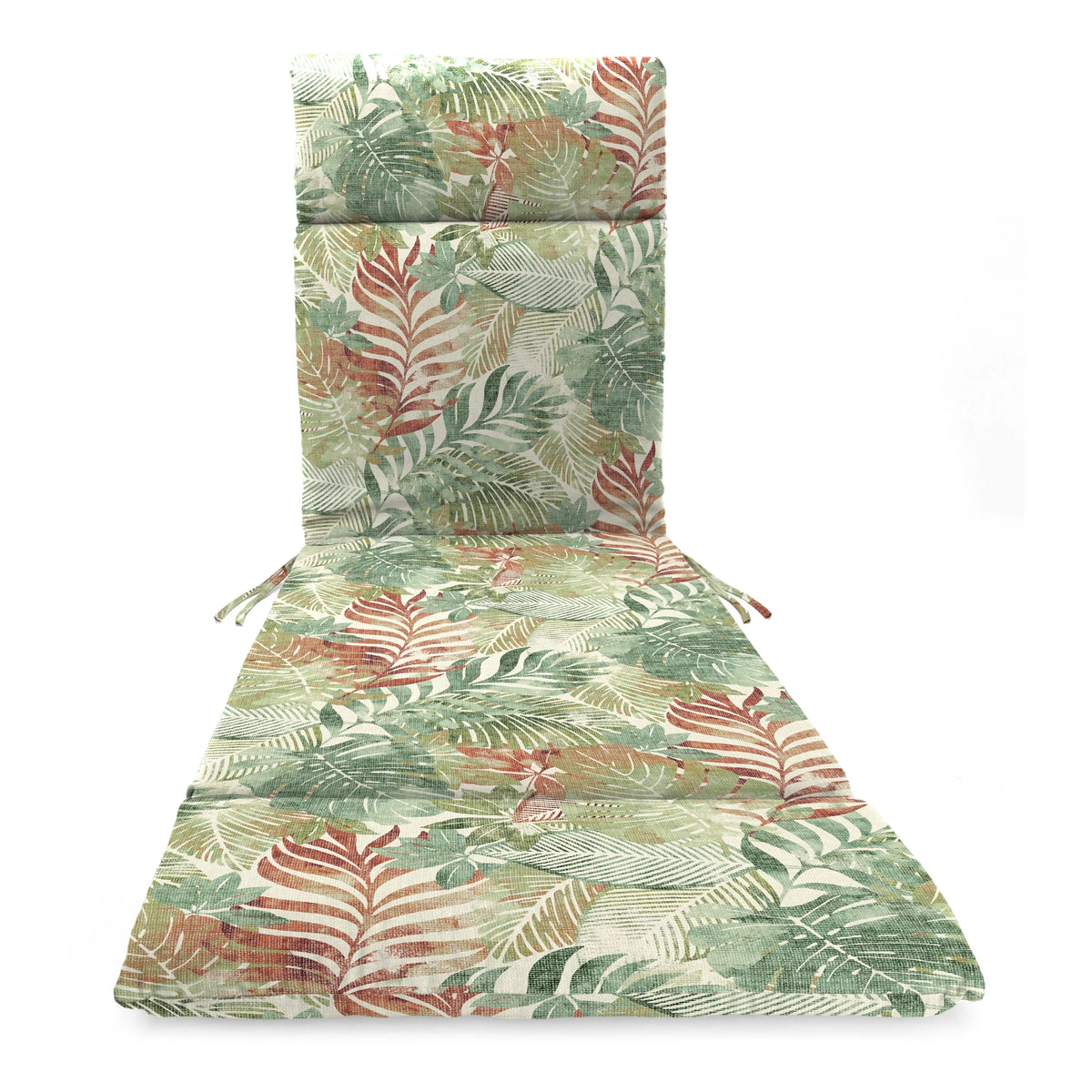 Almond Green Leaves Rectangular Outdoor Chaise Lounge Cushion with Ties V8420