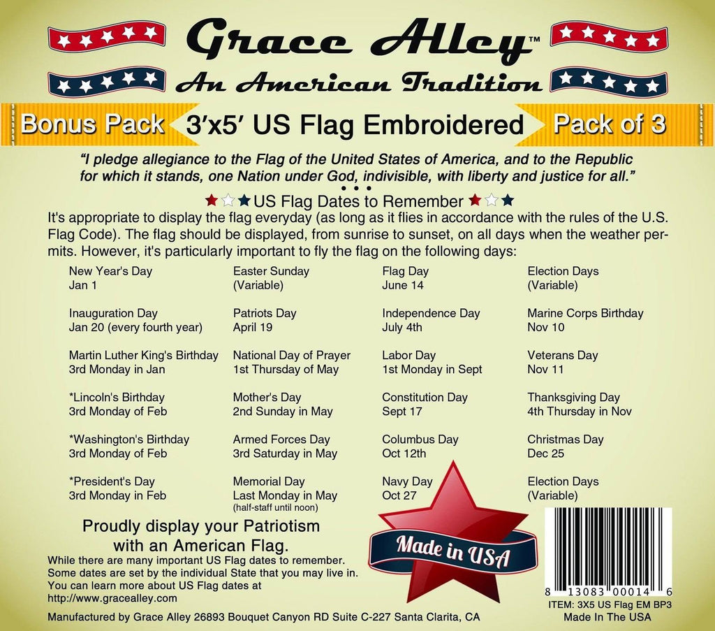 3 Pack 3x5 ft. Embroidered Stars and Sewn Stripes Flag L5142