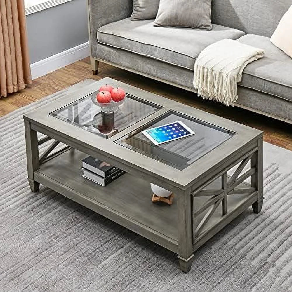 Rustic Solid Wood Glass Top Coffee Table 45.5"x26"x19" A602