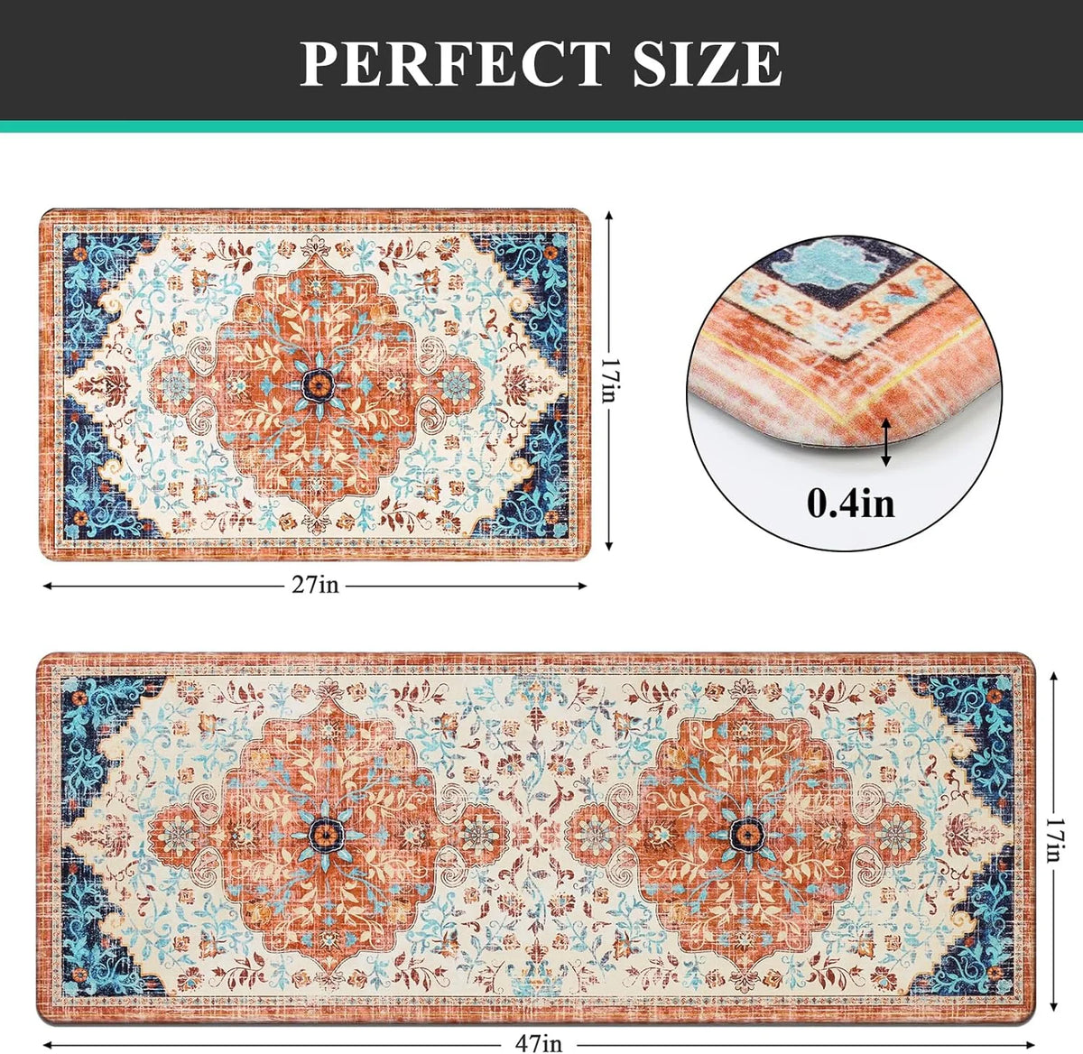 2pcs Waterproof Non Slip Kitchen Mat 0.4" Thick Cushioned Rug 17"x48"+17"x28" Orange M4497