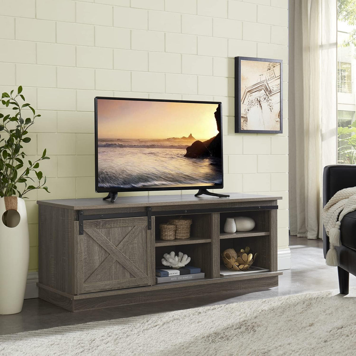 Sliding Barn Door TV Stand with Storage Cabinet T71701