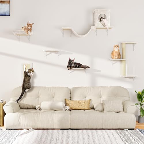 Gray 7 Pcs Cat Wall Shelves with House, Tunnel, Bridge, Steps, Scratcher, Hammock, Bed X838