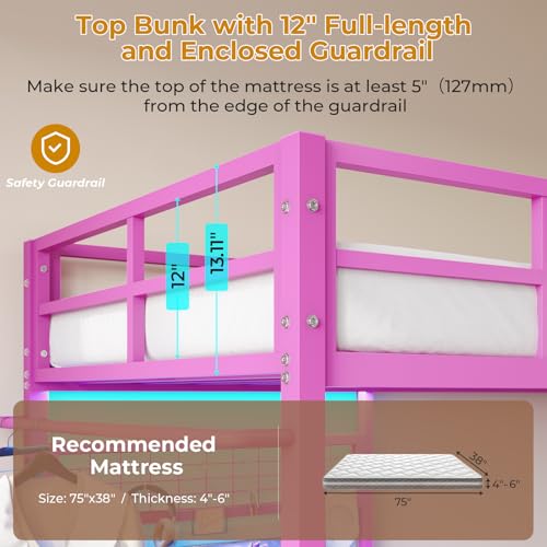 White Twin Over Twin Metal Bunk Bed with Desk and Led Lights N59855