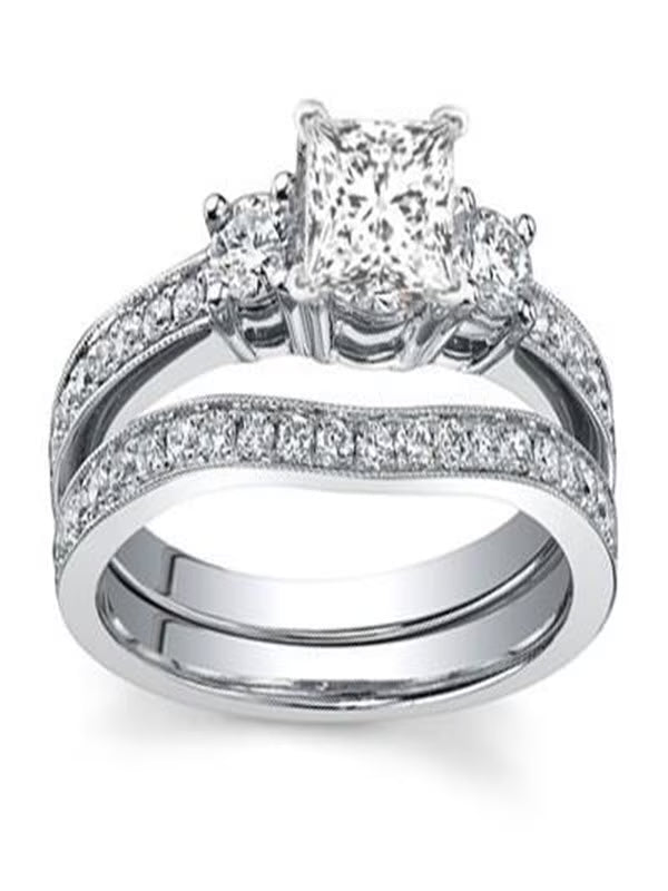 Three Stone Diamond Bridal Set 1 Carat Princess Cut Diamond 10k Gold E710327