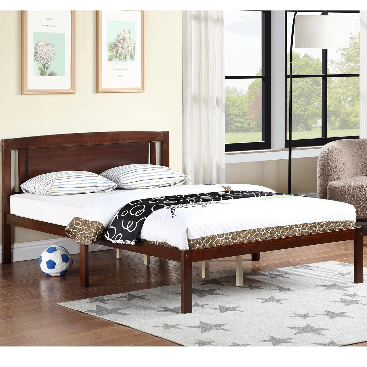 Dark Walnut Full Wood Platform Bed Frame with Headboard S81802