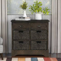 White Washed Storage Cabinet with Two Drawers and Four Rattan Basket E181