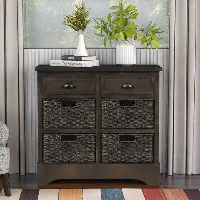 White Washed Storage Cabinet with Two Drawers and Four Rattan Basket E181