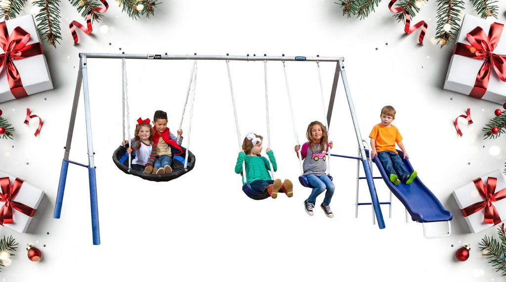 Metal Swing Set with 2 LED Swing Seats, Disc Swing, & Wave Slide P34580