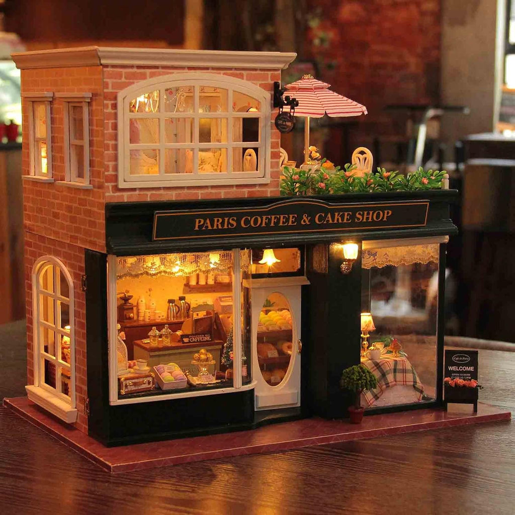 Paris Coffee & Cake Shop Wooden Dollhouse Miniatures DIY Kit with Led Light and Dust Cover M732350