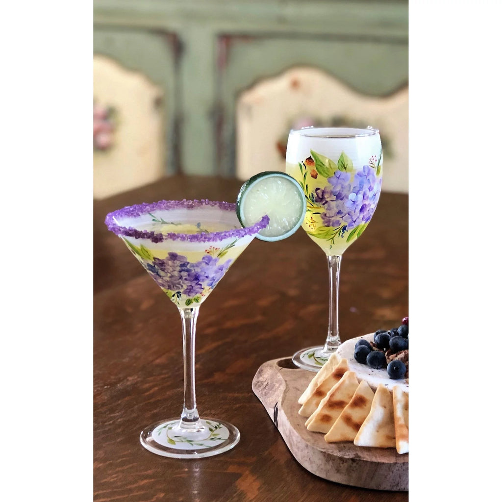 Set of 2 White and Blue Floral Hand Painted Wine Glass 10.5 oz M802690