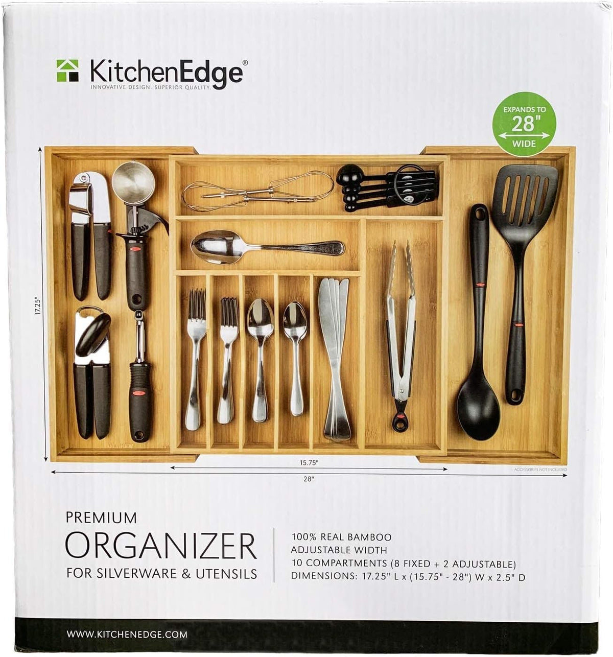 Expandable 28 Inch Bamboo Utensil Organizer, 10 Compartments, Pack of 2 S76910